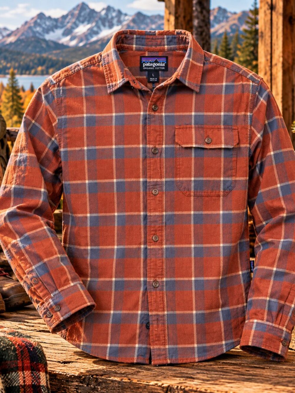 Patagonia Organic Cotton Flannel Shirt Mens L Rust Blue Plaid Outdoor Hiking